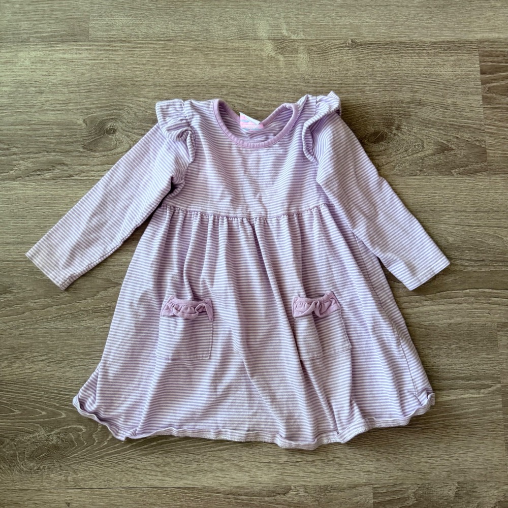 Stitchy Fish Girls Purple White Striped Long Sleeve Ruffle Pocket Dress Size 3T